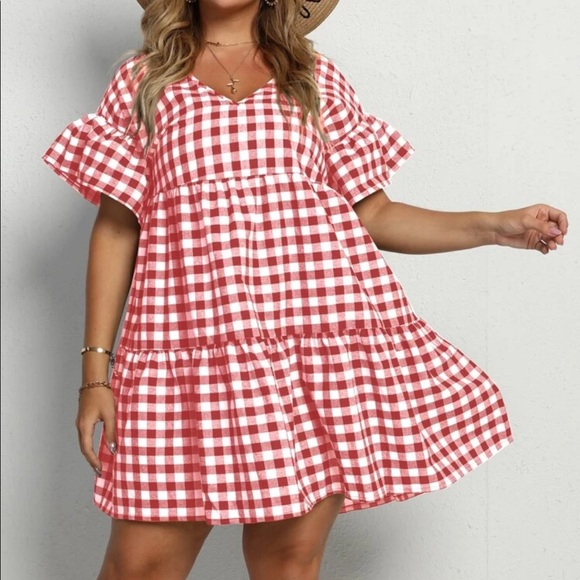 Boho plus size gingham flounce sleeve dress - Picture 5 of 12